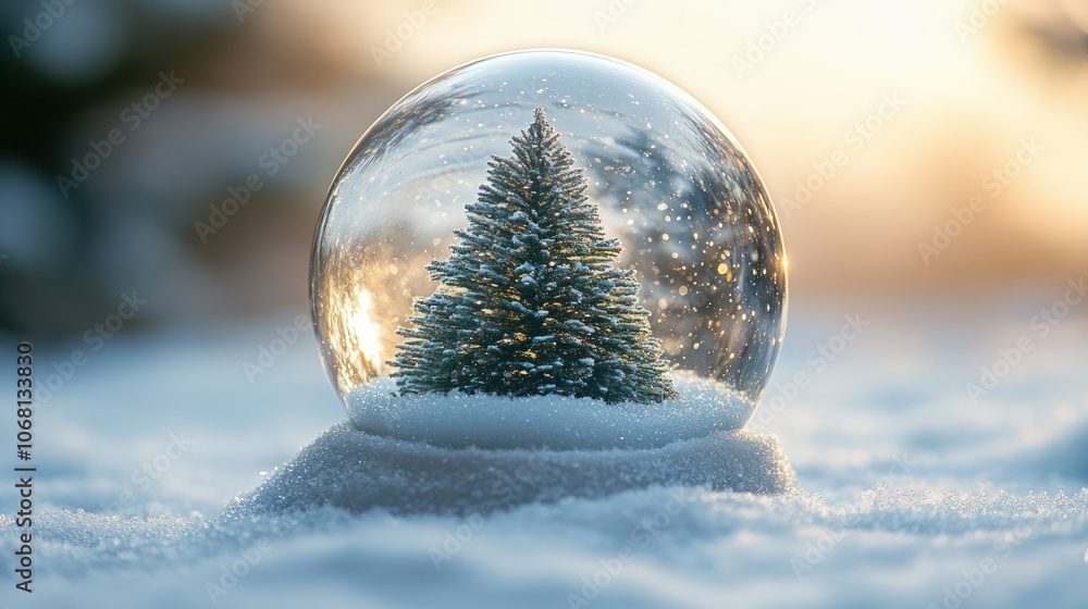A crystal-clear snow globe with a Christmas tree inside, floating on a white background. A crystal-clear snow globe with a Christmas tree inside, floating on a white background.