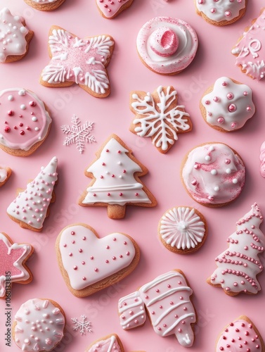 Pink Christmas Cookies on a Pink Background