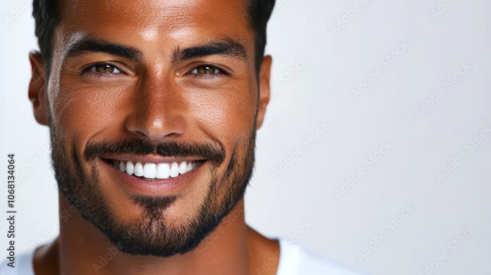 Fototapeta premium Handsome Man Smiling Closeup Portrait Happy Expression Skincare Healthy Teeth