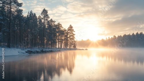 Serene Winter Sunrise Misty Lake Snow Covered Pines Golden Hour