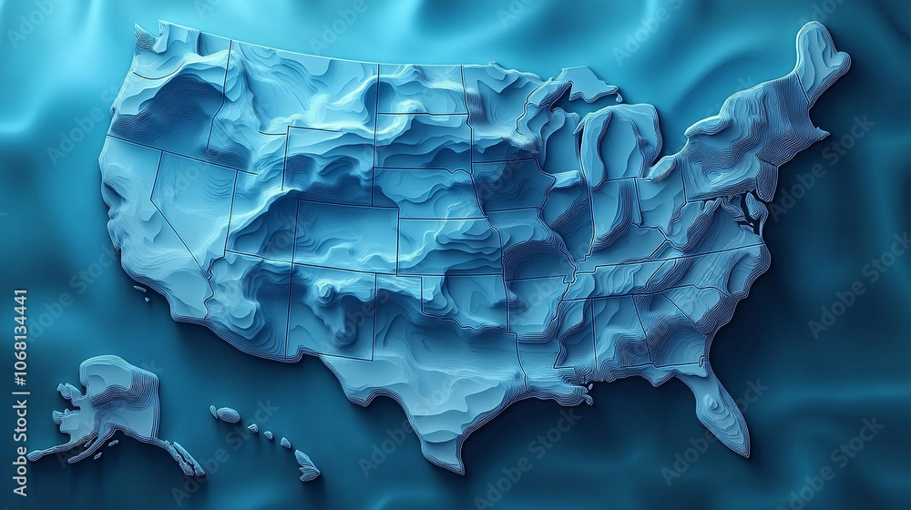 A modern 3D illustration of the United States map, featuring bold colors, sharp edges, and elevated surfaces. Perfect for business, education, and geographic analysis, symbolizing unity, diversity, an A modern 3D illustration of the United States map, featuring bold colors, sharp edges, and elevated surfaces. Perfect for business, education, and geographic analysis, symbolizing unity, diversity, an