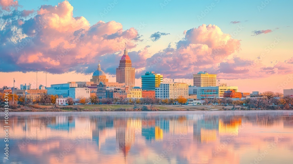 Scenic city skyline reflecting on water during sunset with colorful clouds. Scenic city skyline reflecting on water during sunset with colorful clouds.