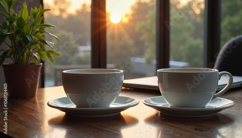 Two Coffee Cups on Table with Sunrise View