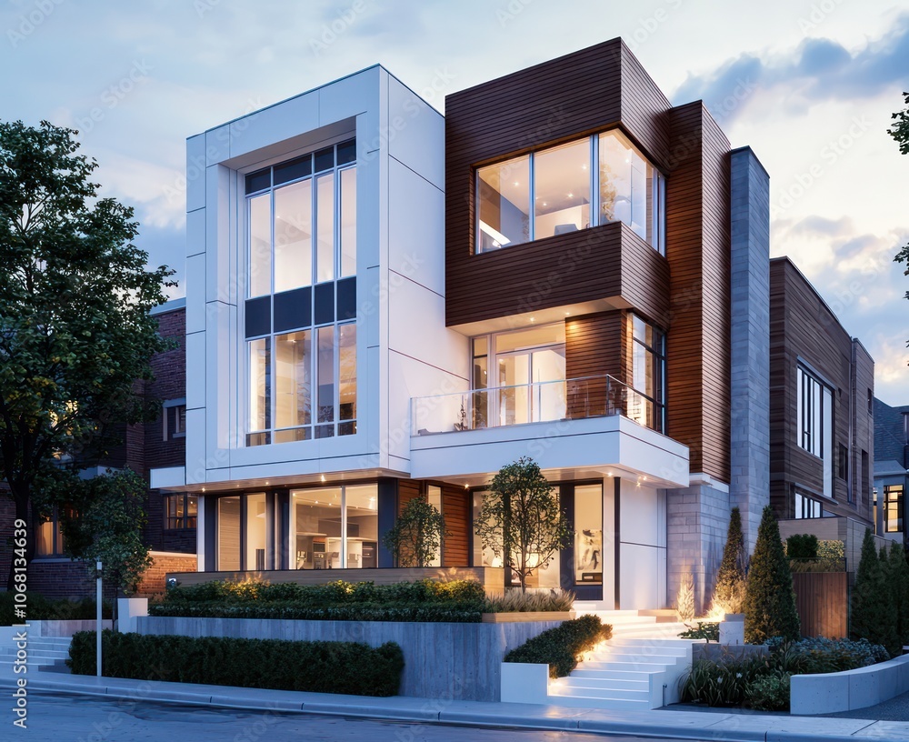 Fototapeta premium Modern Toronto home with white frames and wood details at twilight.