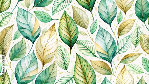 A Watercolor Tapestry of Lush Greens and Golden Hues, Intertwined and Layered, Creating a Vibrant and Textural Botanical Pattern