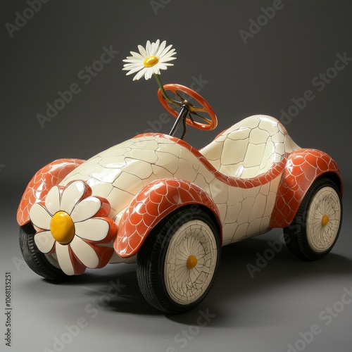 Whimsical Orange White Daisy Pedal Car Craftsmanship Child s Toy Artistic Sculpture Unique Design photo