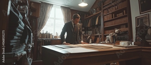 Professional tailor taking measurements at a luxury tailoring atelier to create a unique, well made suit photo