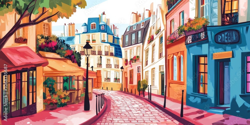 Obraz premium A colorful drawing showing charming streets in Paris.