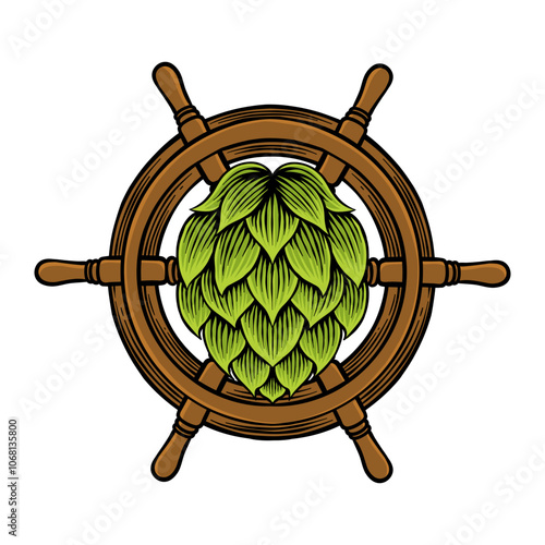 illustration of green hops combined with a ship's rudder