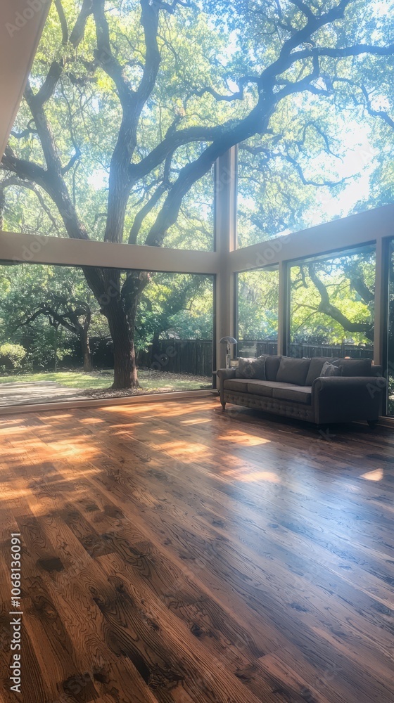 Spacious interior with large windows showcasing nature outside. Spacious interior with large windows showcasing nature outside.