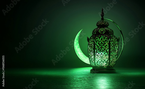 3D render of an intricately designed Ramadan lantern, illuminated with warm golden light, casting intricate shadows on the dark background. The lantern is adorned in rich green and gold colors, featur photo