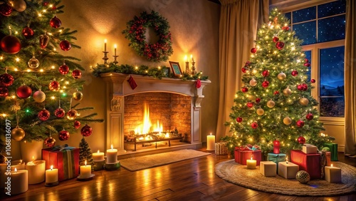 A Cozy Candlelit Christmas Tree by the Fireplace Creating a Warm Holiday Ambiance, Perfect for Celebrations and Family Gatherings in a Festive Living Room Setting