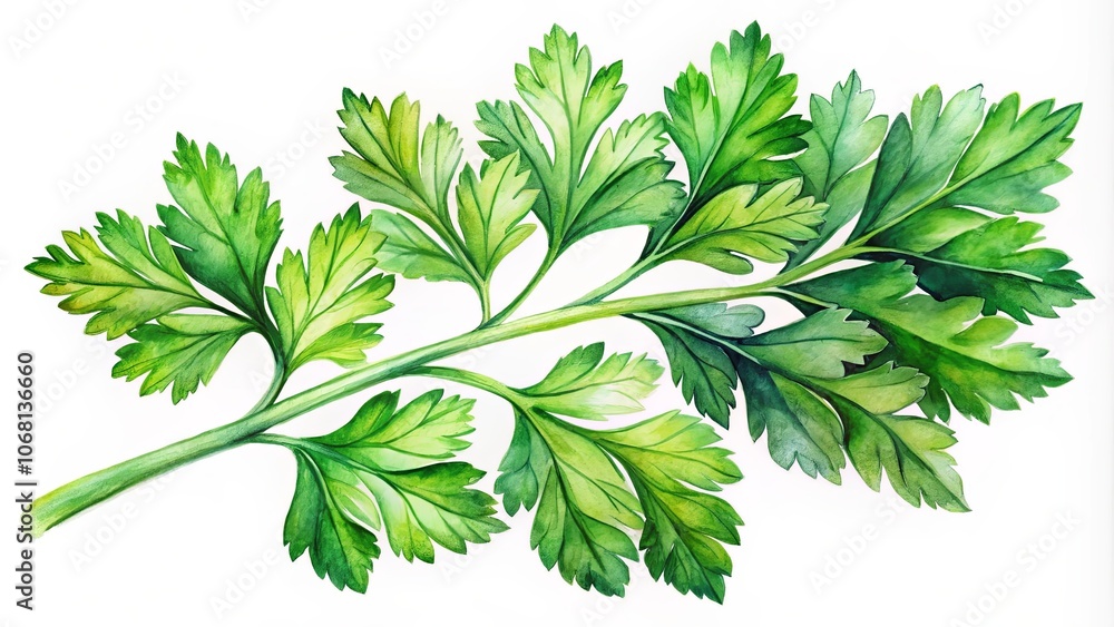 Fototapeta premium A Watercolor Illustration of a Single Sprig of Fresh Parsley with Delicate Green Foliage and a Long Stem