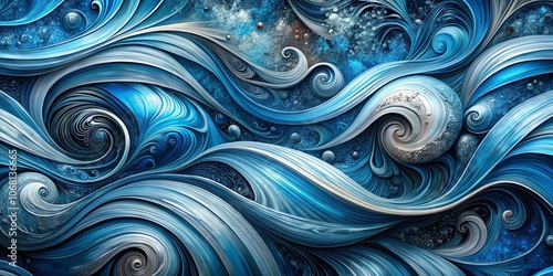 Abstract Spirals and Wavy Lines in a Symphony of Blue and Silver