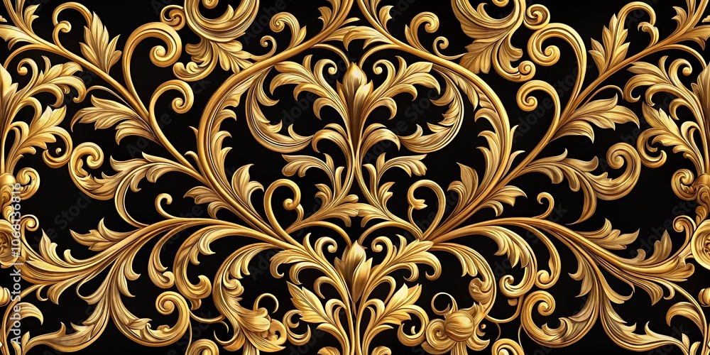 An intricate design of golden filigree with swirling patterns and delicate leaves, creating a luxurious and elegant aesthetic. An intricate design of golden filigree with swirling patterns and delicate leaves, creating a luxurious and elegant aesthetic.