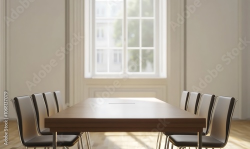  Office interior with meeting table and chairs, ceo desk near window. Mockup wall 