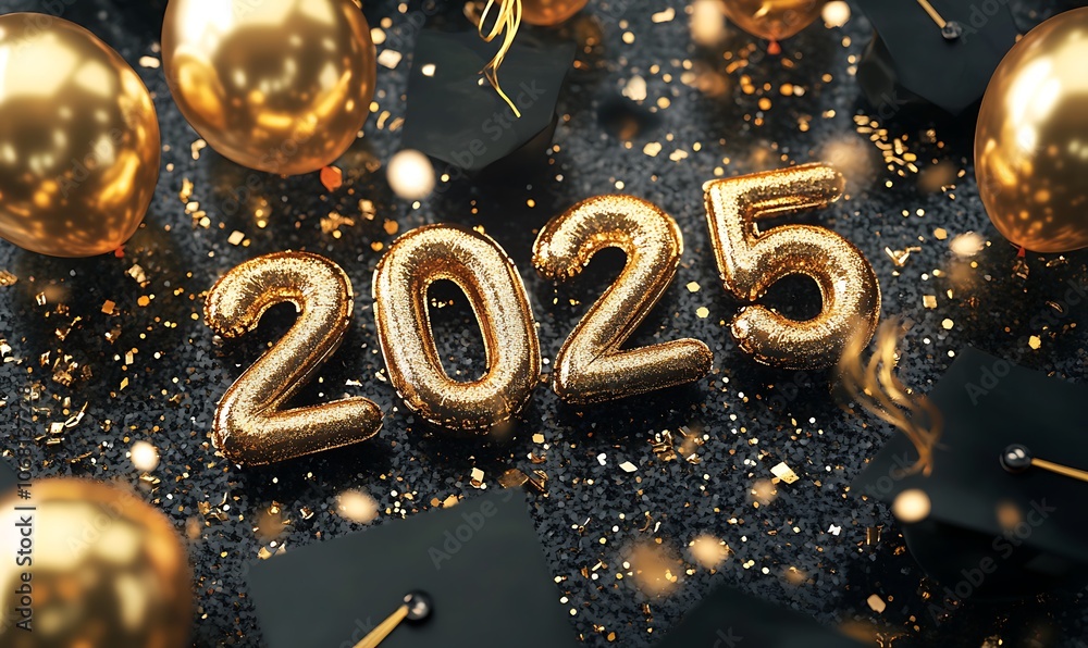 Graduation caps and golden balloons surround the shimmering year 2025, creating a festive atmosphere adorned with sparkling confetti Graduation caps and golden balloons surround the shimmering year 2025, creating a festive atmosphere adorned with sparkling confetti