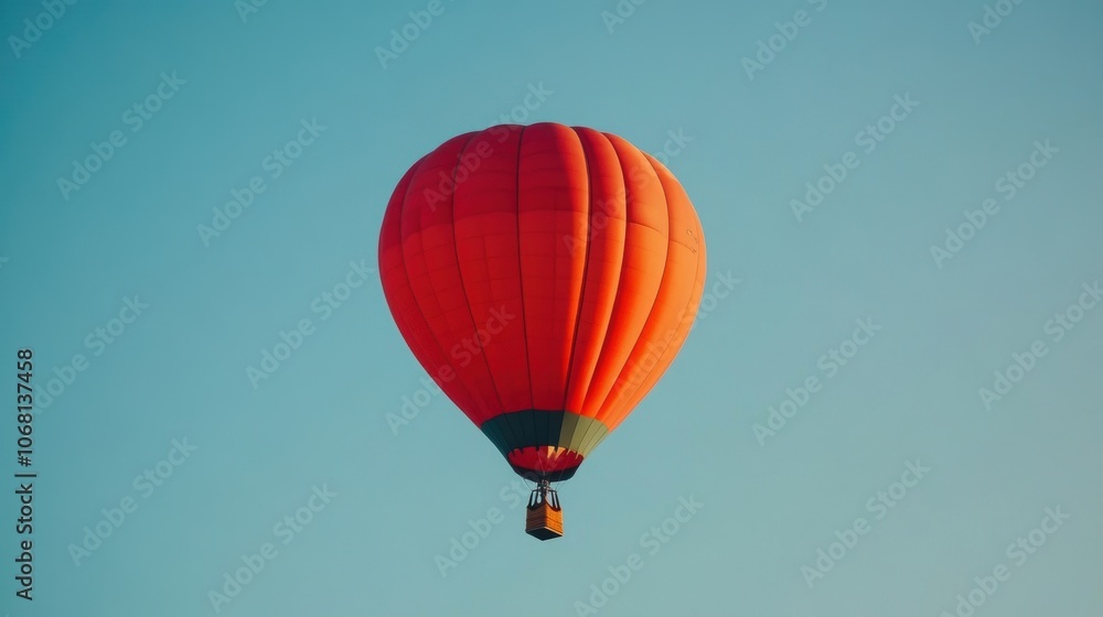 Fototapeta premium Vibrant hot air balloon soaring high above, surrounded by a vast expanse of clear blue sky, evoking a sense of adventure and freedom
