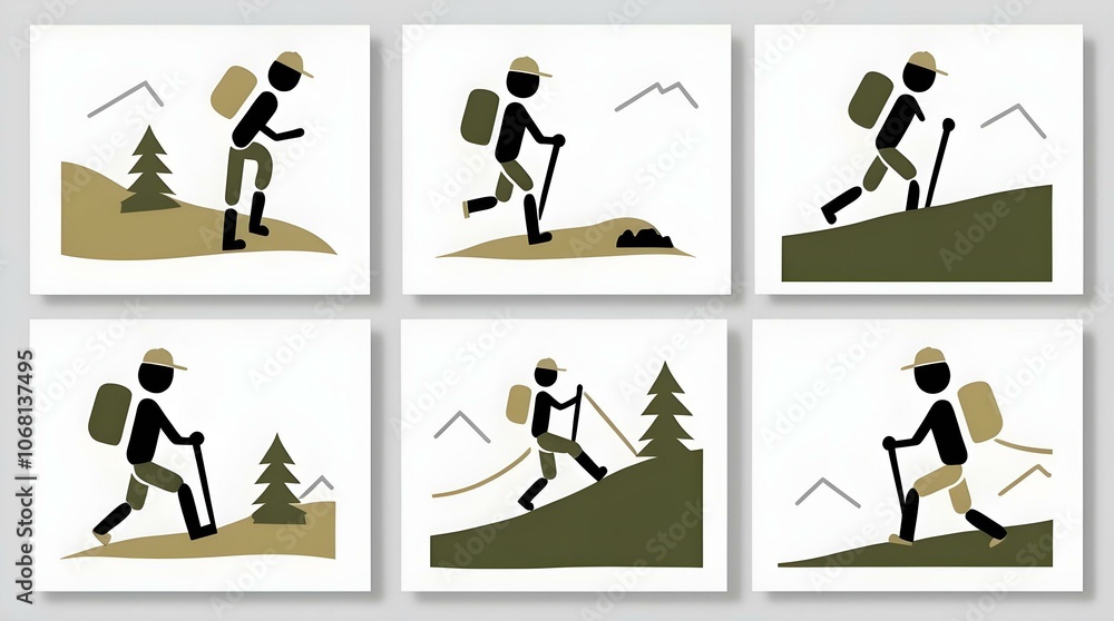Obraz premium set of silhouettes of stick figure in various hiking poses