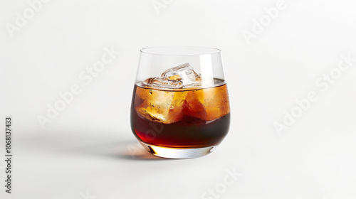 Glass of whiskey with ice cubes on white background