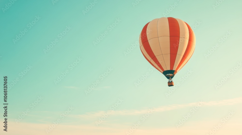 Fototapeta premium Lone Hot Air Balloon Soaring in a Blue Sky, Vibrant Colors Against a Clear Horizon, Peaceful and Serene Atmosphere