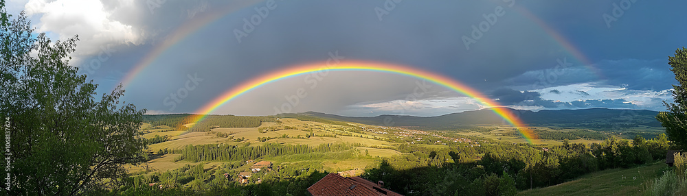 Obraz premium Bright rainbow over a rural landscape after a rainstorm, colorful weather, hope and renewal