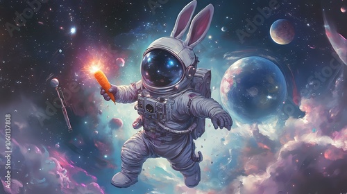 A rabbit in a spacesuit floating in zero gravity, holding a glowing carrot, with planets and stars in the background, in a space-themed style