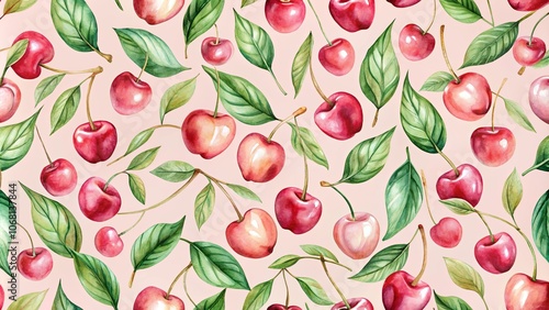 A Delicate Watercolor Pattern of Ripe Cherries and Lush Green Foliage on a Soft Pink Background