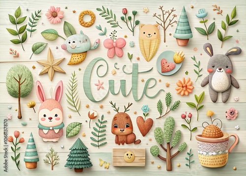 Adorable Hand Lettering of the Word "Cute" in a Whimsical Scandinavian Illustration Style Featuring Soft Pastels and Playful Elements for a Charming Home Decor Aesthetic