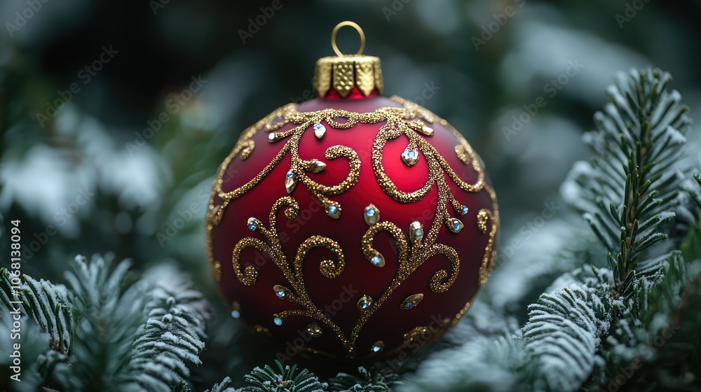 A detailed red and gold Christmas bauble with ornate swirls and delicate glitter highlights. A detailed red and gold Christmas bauble with ornate swirls and delicate glitter highlights.