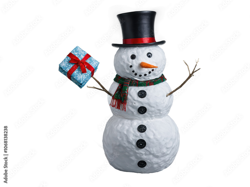 Snowman with a black hat and red-green scarf on transparent or white background Snowman with a black hat and red-green scarf on transparent or white background