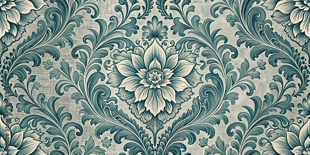 Fototapeta premium An Intricate Floral Pattern with Delicate Swirls and an Array of Foliage in Teal Hues