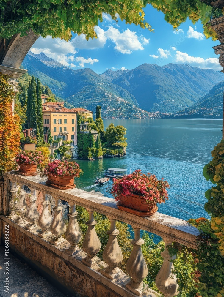 Naklejka premium Scenic balcony overlooking Lake Como in the famous Villa del Balbianello, in the comune of Lenno. Lombardy, Italy.