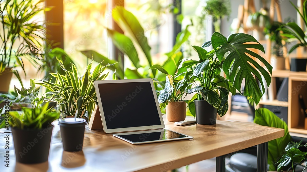 A bright workspace filled with indoor plants and modern technology during a sunny afternoon A bright workspace filled with indoor plants and modern technology during a sunny afternoon