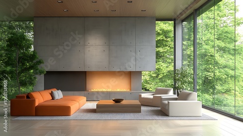 Fototapeta Naklejka Na Ścianę i Meble -   Home interior with sofa and armchairs, coffee table and fireplace near window 