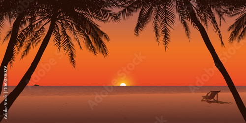 Minimalist sunset seascape with silhouetted palm trees, beach chair and twilight sky background graphic illustration have blank space.