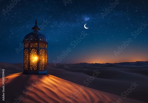 A black lantern with stars on it, a candle inside, and snowflakes in the glass. The background is a dark blue 