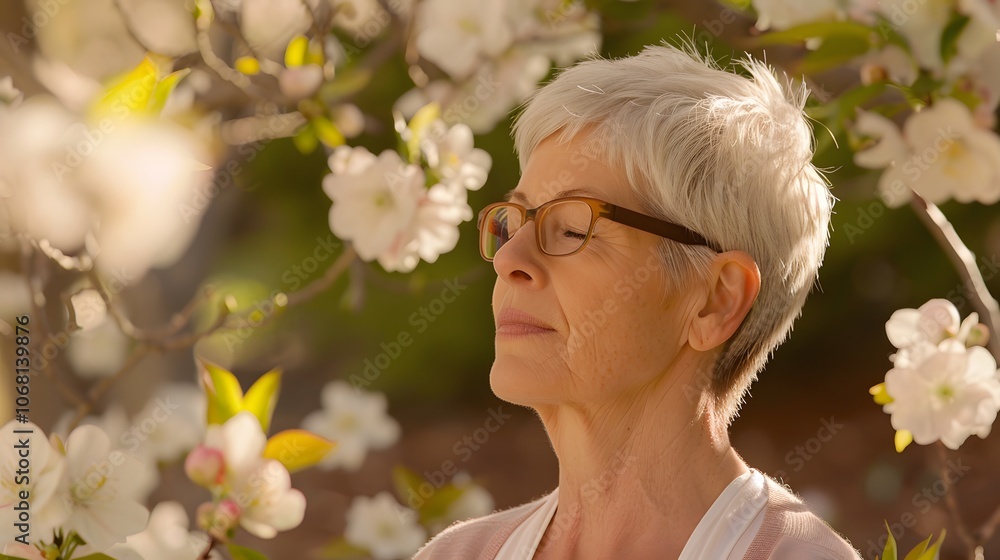 Middle-aged woman practicing yoga in a tranquil garden, surrounded by blooming flowers and lush greenery. Meditation,health, zen,harmony, well-being,healing, rejuvenation Middle-aged woman practicing yoga in a tranquil garden, surrounded by blooming flowers and lush greenery. Meditation,health, zen,harmony, well-being,healing, rejuvenation