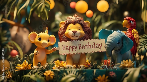 Fototapeta Naklejka Na Ścianę i Meble -  Playful jungle animals like a lion, elephant, and parrot holding 