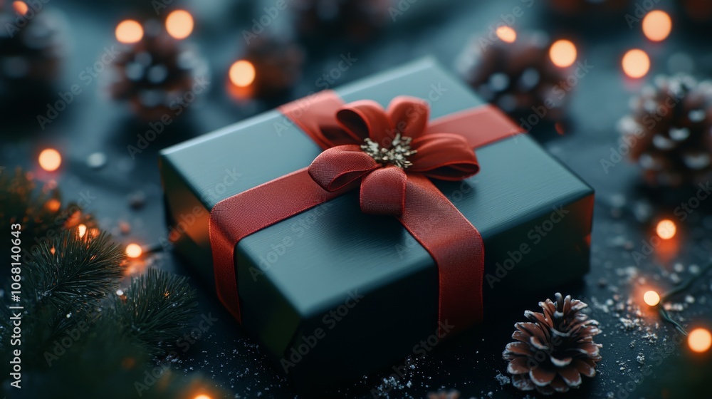 A beautifully wrapped gift box with a red ribbon, surrounded by twinkling lights and pine cones, evoking a festive and cozy atmosphere. A beautifully wrapped gift box with a red ribbon, surrounded by twinkling lights and pine cones, evoking a festive and cozy atmosphere.
