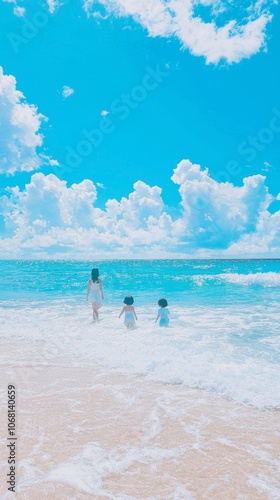 Children playing by the ocean under a bright blue sky with fluffy clouds.