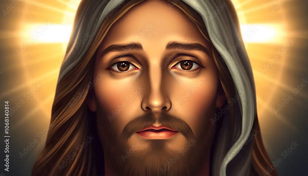 Close-Up Portrait of Jesus Christ with a Glowing Halo, Radiating Divine Light Close-Up Portrait of Jesus Christ with a Glowing Halo, Radiating Divine Light