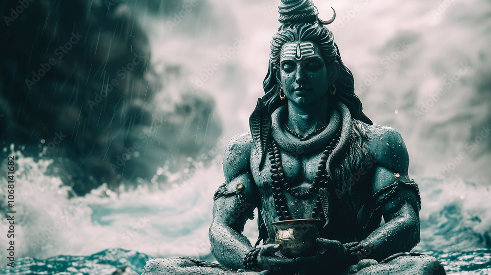 Serene Shiva Statue in Meditative Pose Amidst Falling Rain Serene Shiva Statue in Meditative Pose Amidst Falling Rain