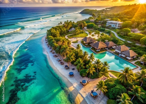 Aerial View of a Luxurious Resort Showcasing Pristine Beaches, Elegant Pools, and Tropical Landscapes Surrounded by Lush Greenery for a Dreamy Vacation Experience