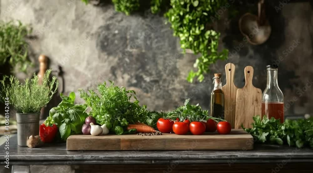 Vegetables scene on the kitchen table, Camera slow motion with different angles Vegetables scene on the kitchen table, Camera slow motion with different angles