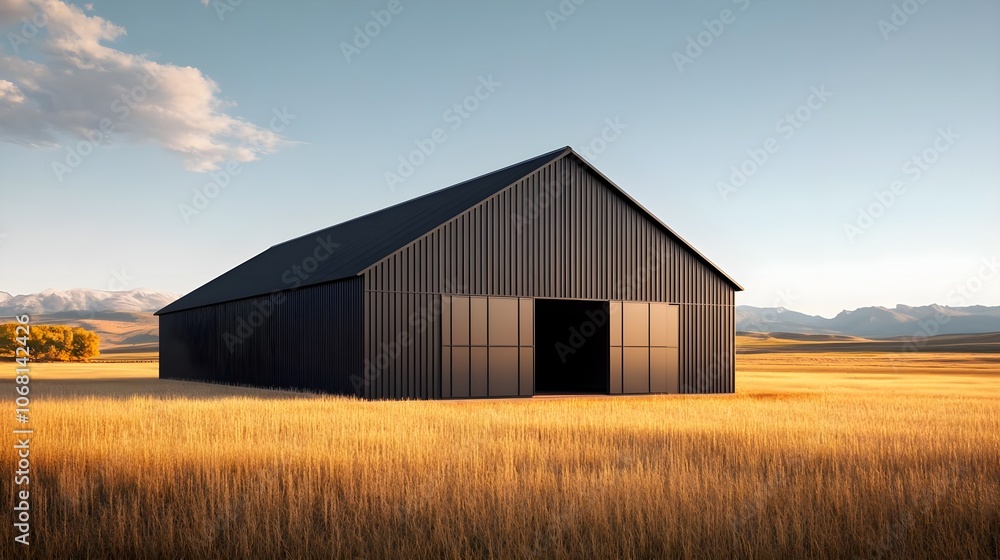 Modern Black Barn in Field Modern Black Barn in Field