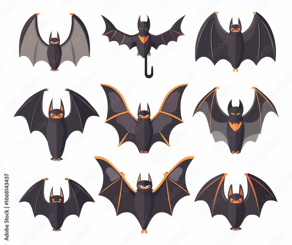 Cartoon Bats Set of Bats in Various Poses Isolated On White Cartoon Bats Set of Bats in Various Poses Isolated On White