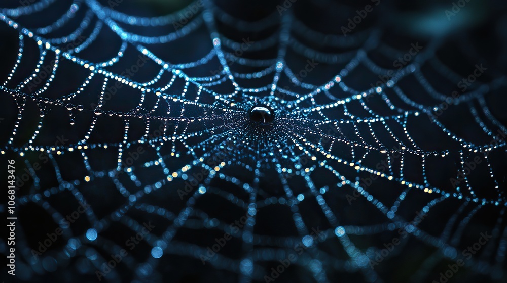 A creepy spider web with water droplets shining on a dark background, perfect for a Halloween-themed design concept for posters, banners, or greeting cards. A creepy spider web with water droplets shining on a dark background, perfect for a Halloween-themed design concept for posters, banners, or greeting cards.