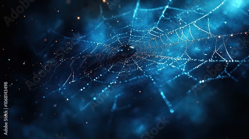A creepy spider web with water droplets shining on a dark background, perfect for a Halloween-themed design concept for posters, banners, or greeting cards.