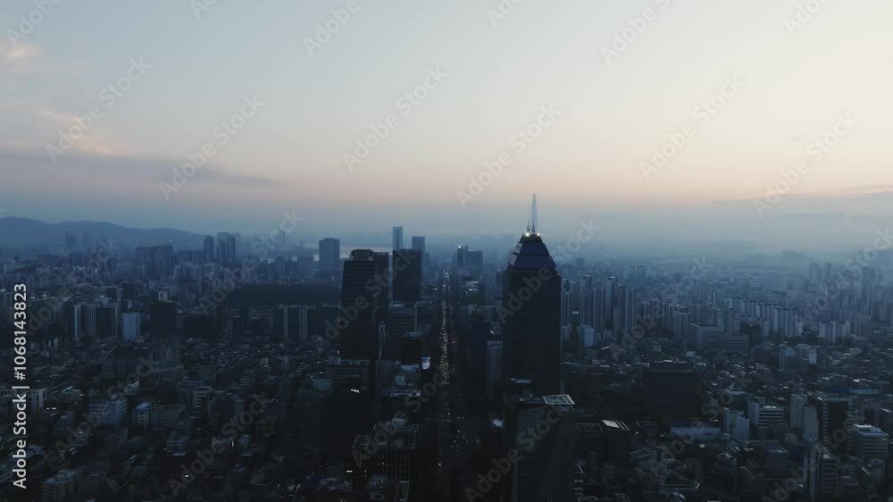 Drone View of Seoul city in South Korea, Sunrise of Gangnam financial district, Autumn 60fps Drone View of Seoul city in South Korea, Sunrise of Gangnam financial district, Autumn 60fps